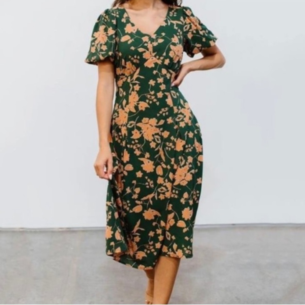BALTIC BØRN Adele Green and Clay Floral Puff Sleeve V-Neck Flowy Midi Dress XL